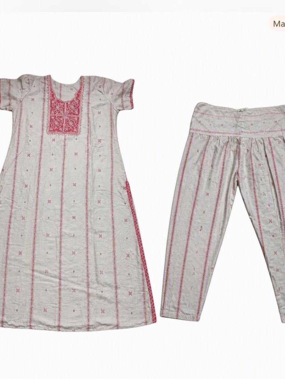 Vintage Hand Embroidered Raw Silk Shalwar Kameez Kurta Set XL L